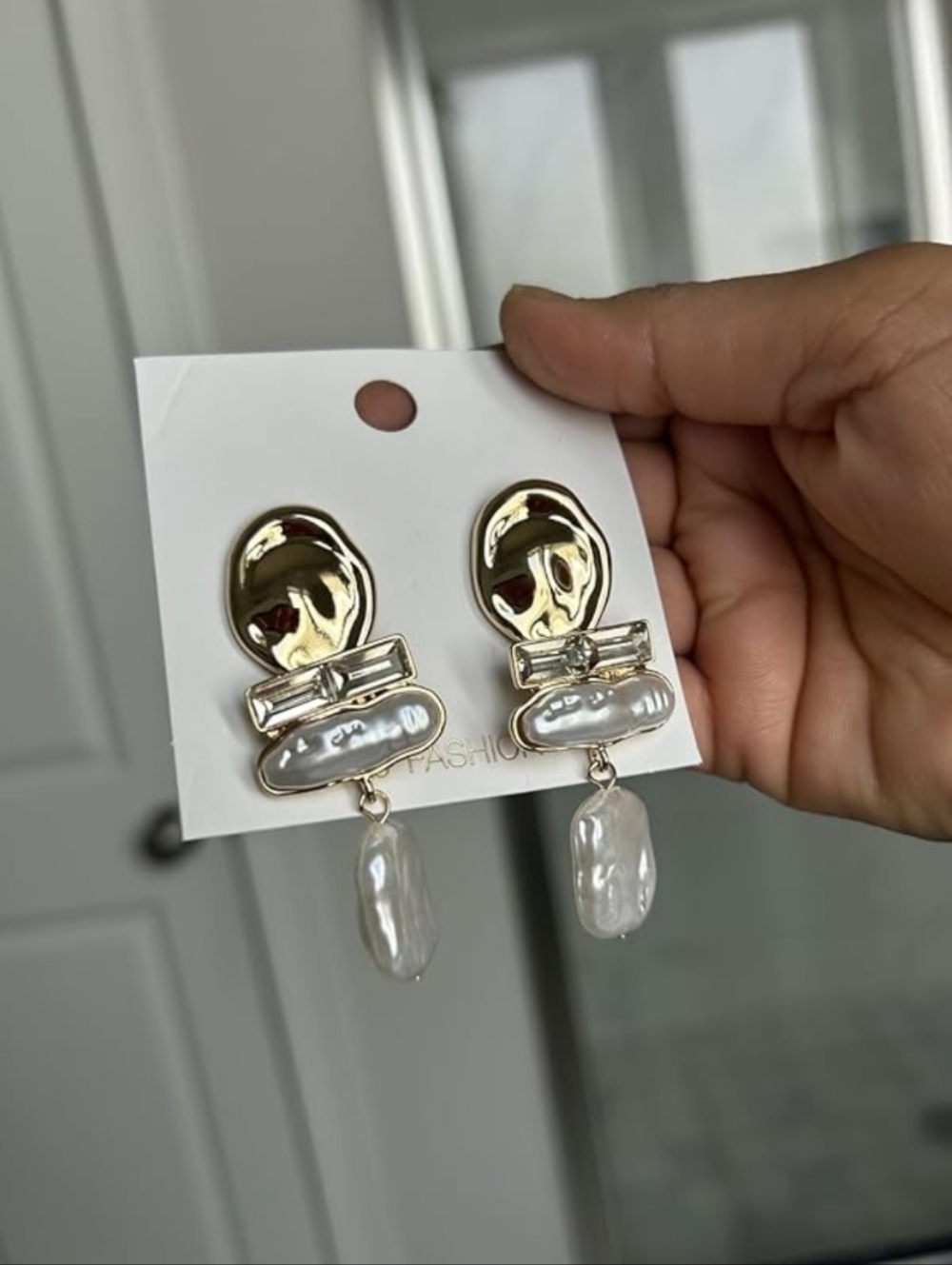 Statement Pearl Dangle Earrings Gold Organic Baroque Pearl Baguette Rhinestone